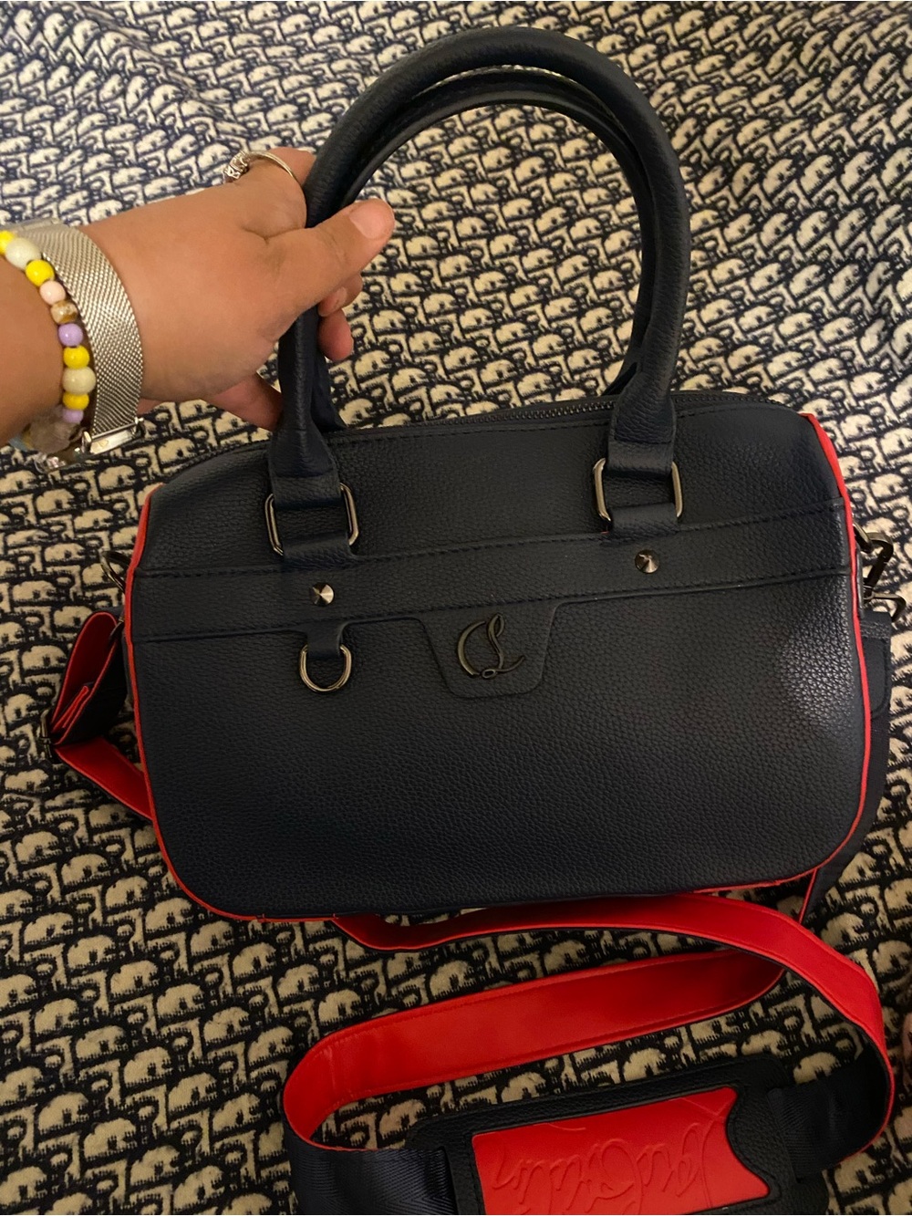 Pebbled Navy and Red Two-Tone Satchel Handbag